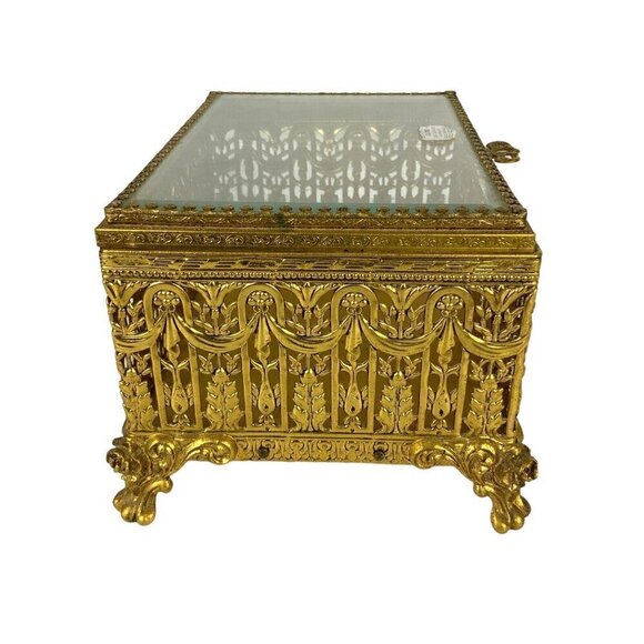 Globe 24kt Gold Plated Jewelry Trinket Box Ornate Filigree Gilt Glamour Vanity - Picture 3 of 8